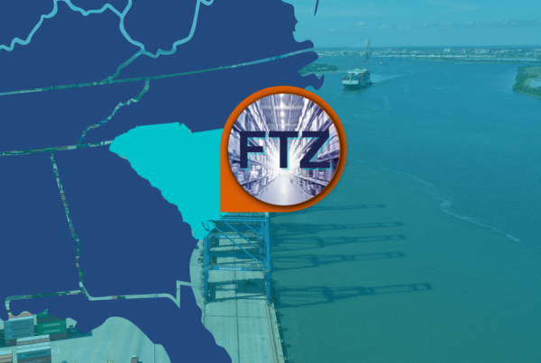 FTZ Warehousing location marker highlighting Charleston, SC. Background showing image of South Carolina Port.
