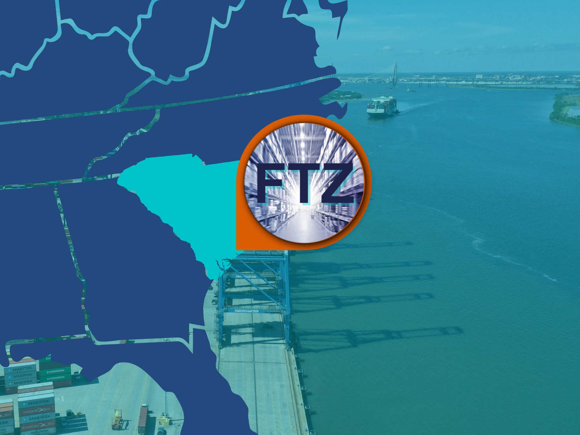 FTZ Warehousing location marker highlighting Charleston, SC. Background showing image of South Carolina Port.